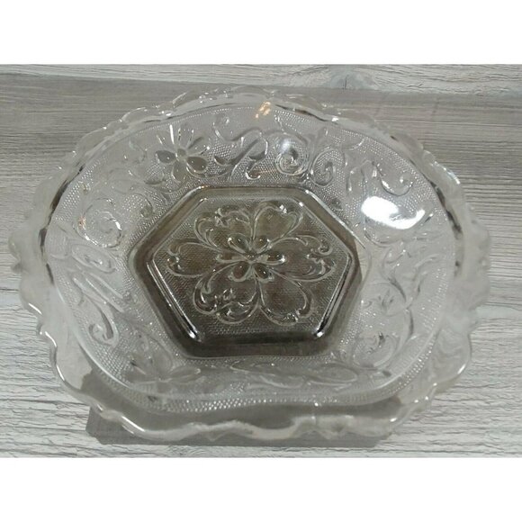VTG Duncan & Miller Floral Pressed Sandwich Glass Textured Surface Hexagon Bowl - Picture 8 of 12